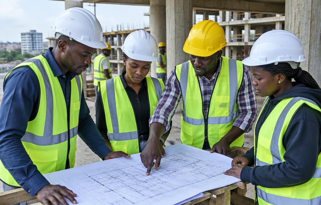 Construction team collaborating on site